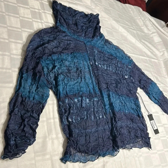 HABITAT  LIV blouse,women NEW! XS Blue,gauzy,crinkle,sheer,mesh,cowl - Picture 11 of 15
